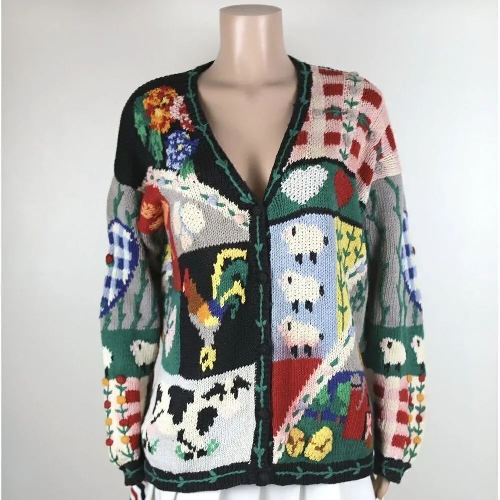 The Eagles Eye 1994 Vtg Chunky Knit Farm Cow Rooster Sheep Crop Cardigan Sweater